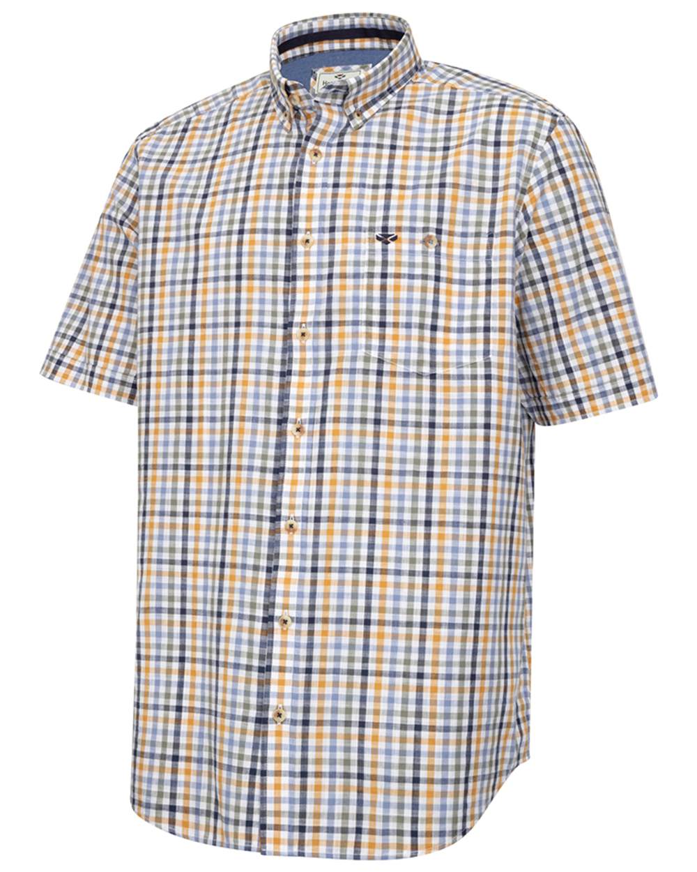 Blue Basil Gold coloured Hoggs of Fife Aberdour Short Sleeve Shirt on white background #colour_blue-basil-gold