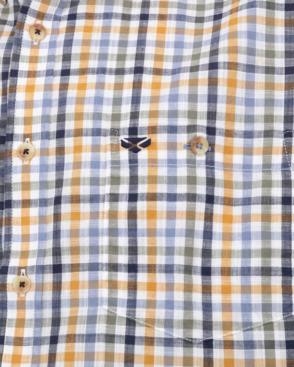 Blue Basil Gold coloured Hoggs of Fife Aberdour Short Sleeve Shirt on white background #colour_blue-basil-gold