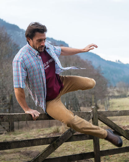 Green Red Coloured Hoggs of Fife Aberdour Short Sleeve Shirt on mountain background #colour_green-red