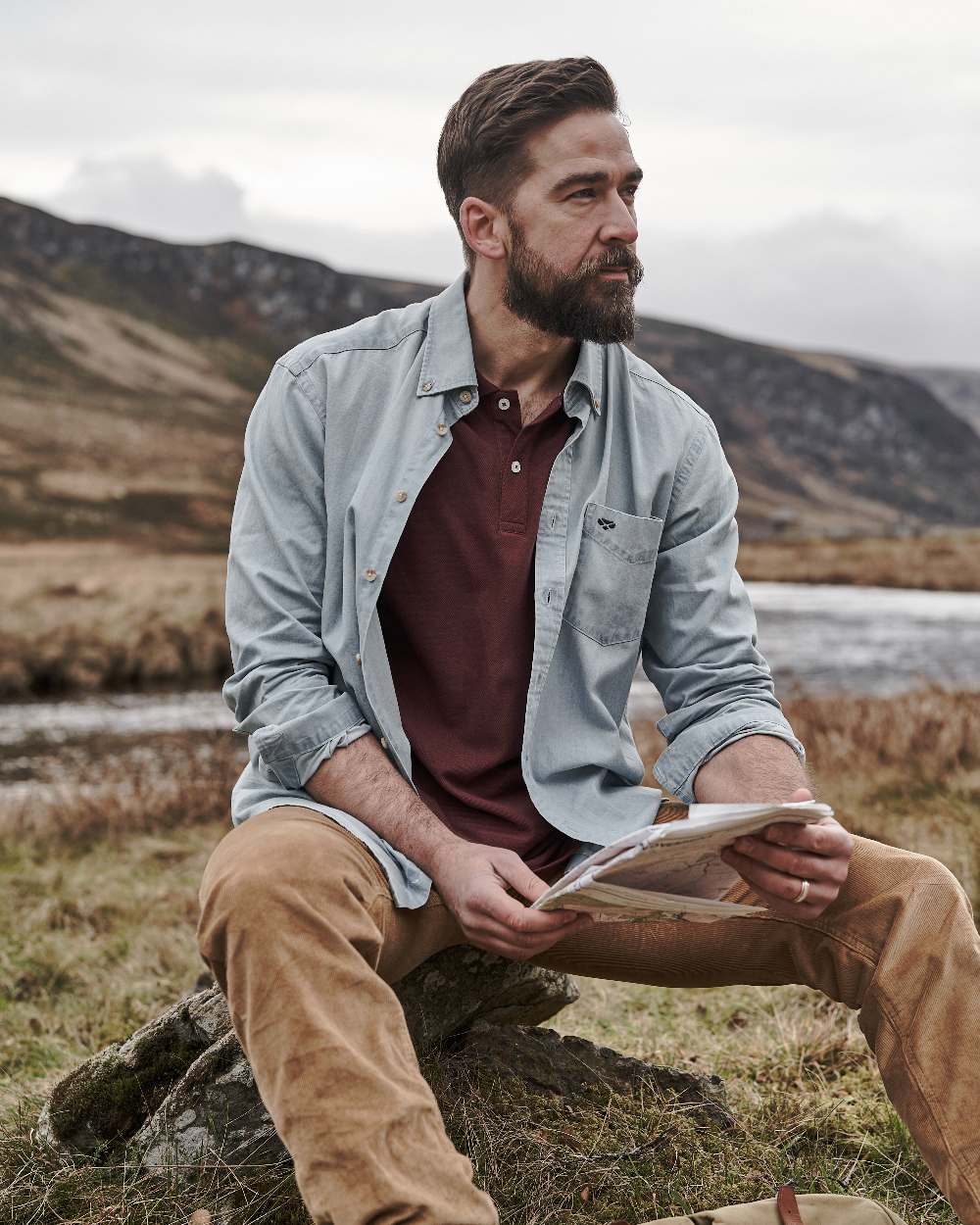 Light Blue Coloured Hoggs of Fife Archerfield Denim Shirt on mountain background #colour_light-blue