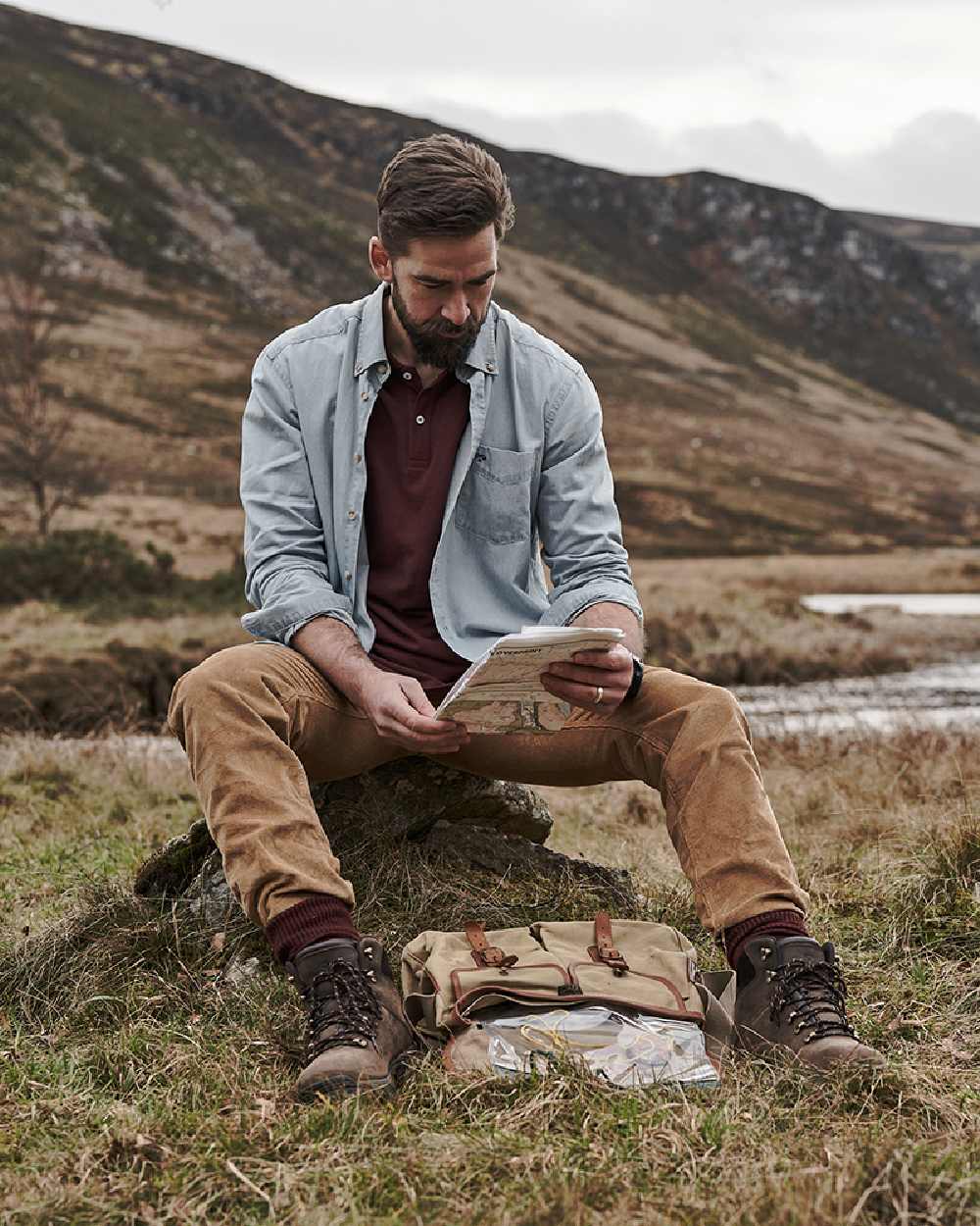 Light Blue Coloured Hoggs of Fife Archerfield Denim Shirt on mountain background #colour_light-blue