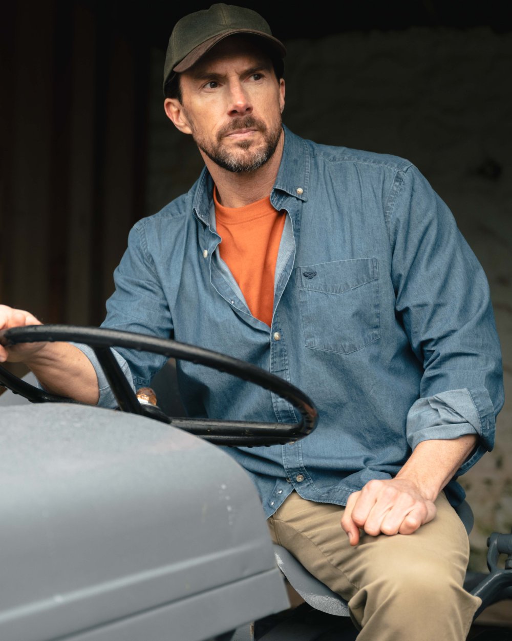 Mid Blue Wash coloured Hoggs of Fife Archerfield Denim Shirt on outdoor background #colour_mid-blue-wash