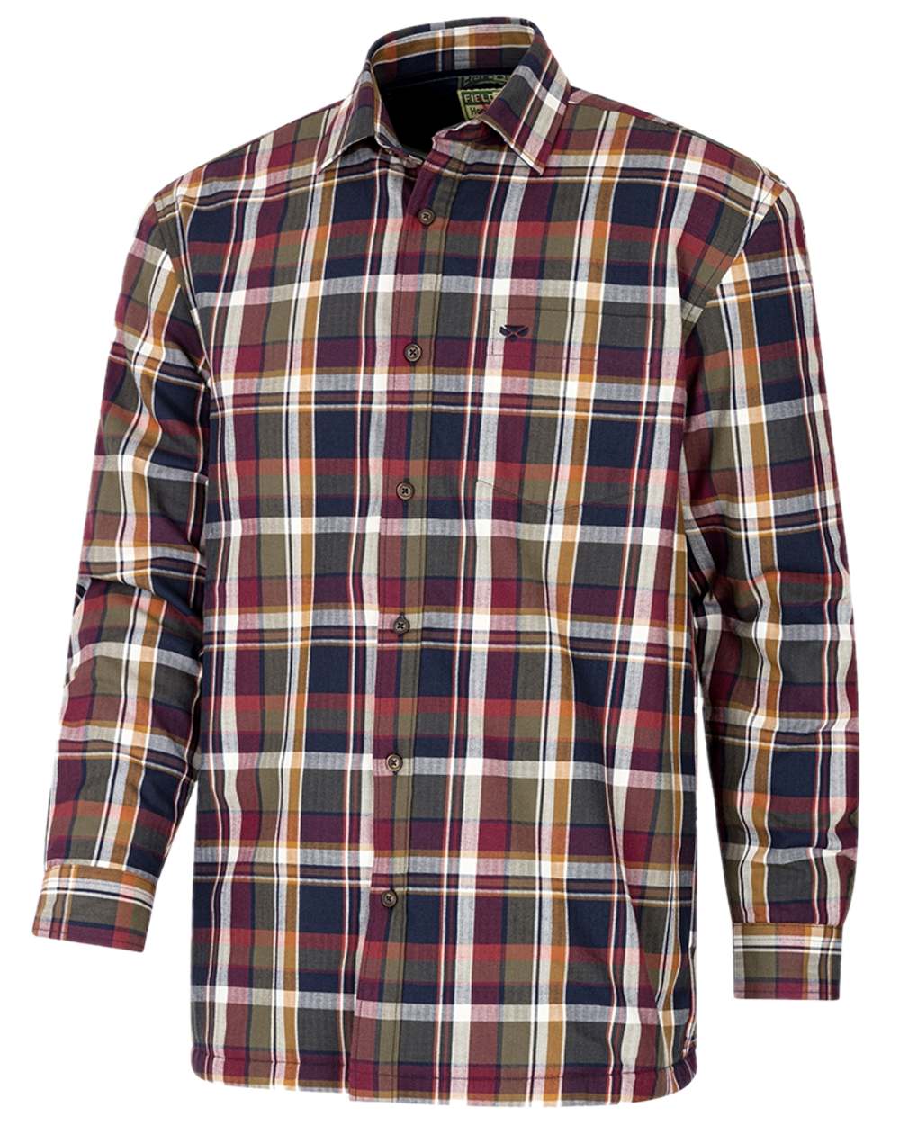 Wine Olive Check Coloured Hoggs of Fife Arran Micro Fleece Lined 100% Cotton Shirt on white background #colour_wine-olive-check