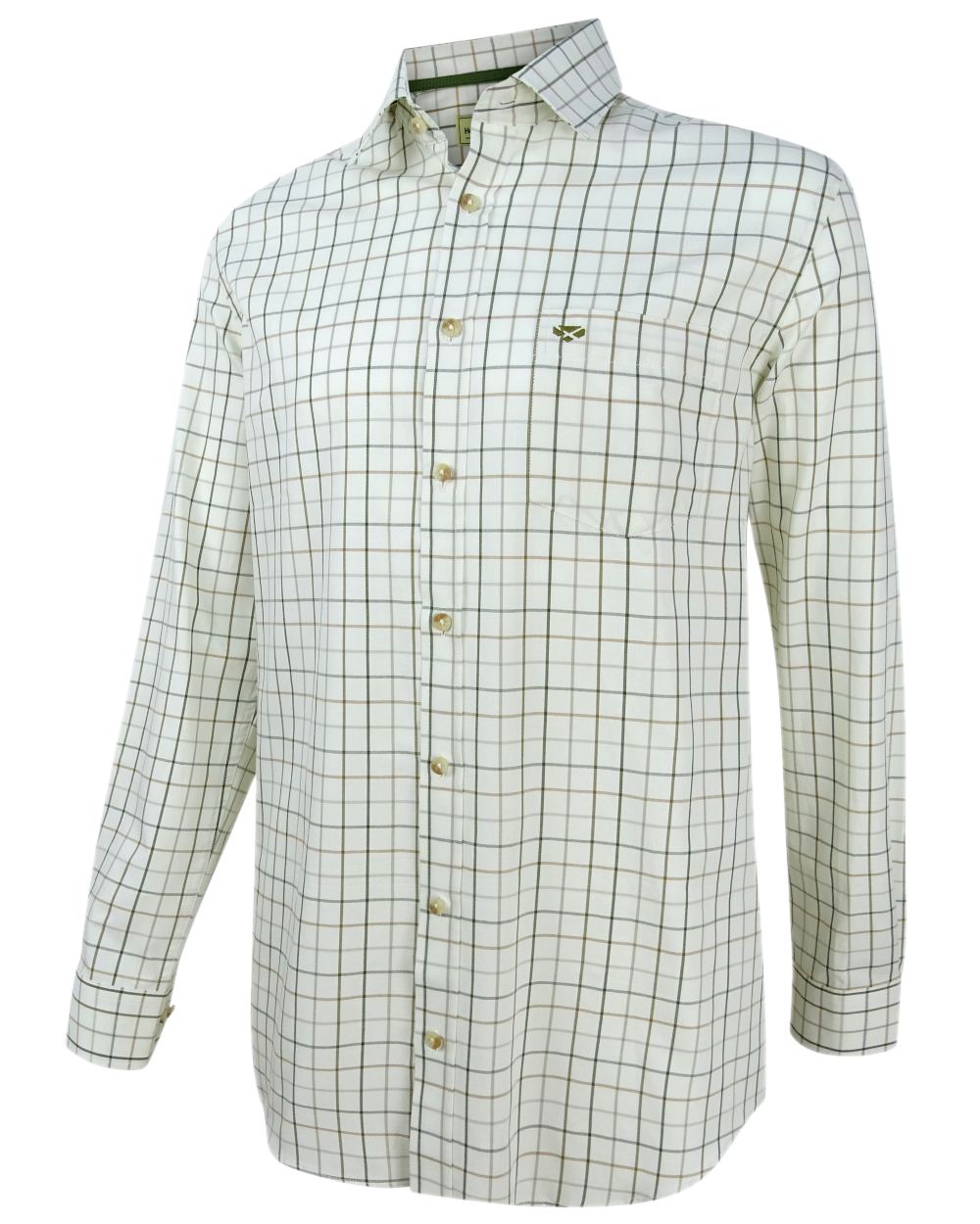 Green Brown Coloured Hoggs of Fife Balmoral Luxury Tattersall Shirt on white background #colour_green-brown