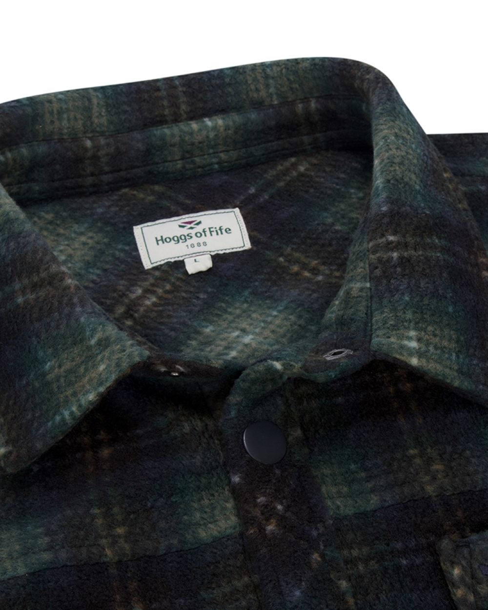 Navy Green Gold coloured Hoggs of Fife Broxburn Fleece Shacket on white background #colour_navy-green-gold