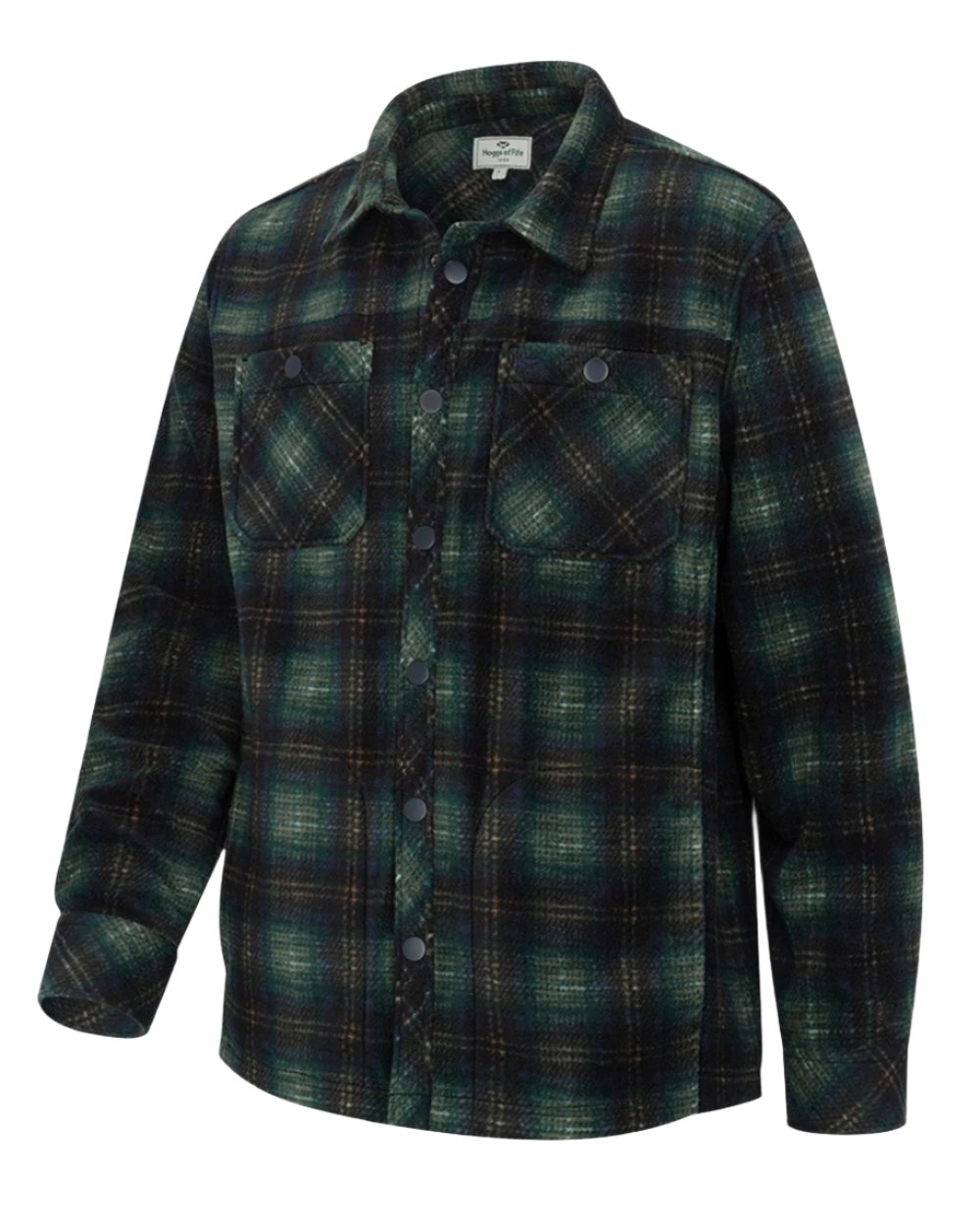 Navy Green Gold coloured Hoggs of Fife Broxburn Fleece Shacket on white background #colour_navy-green-gold