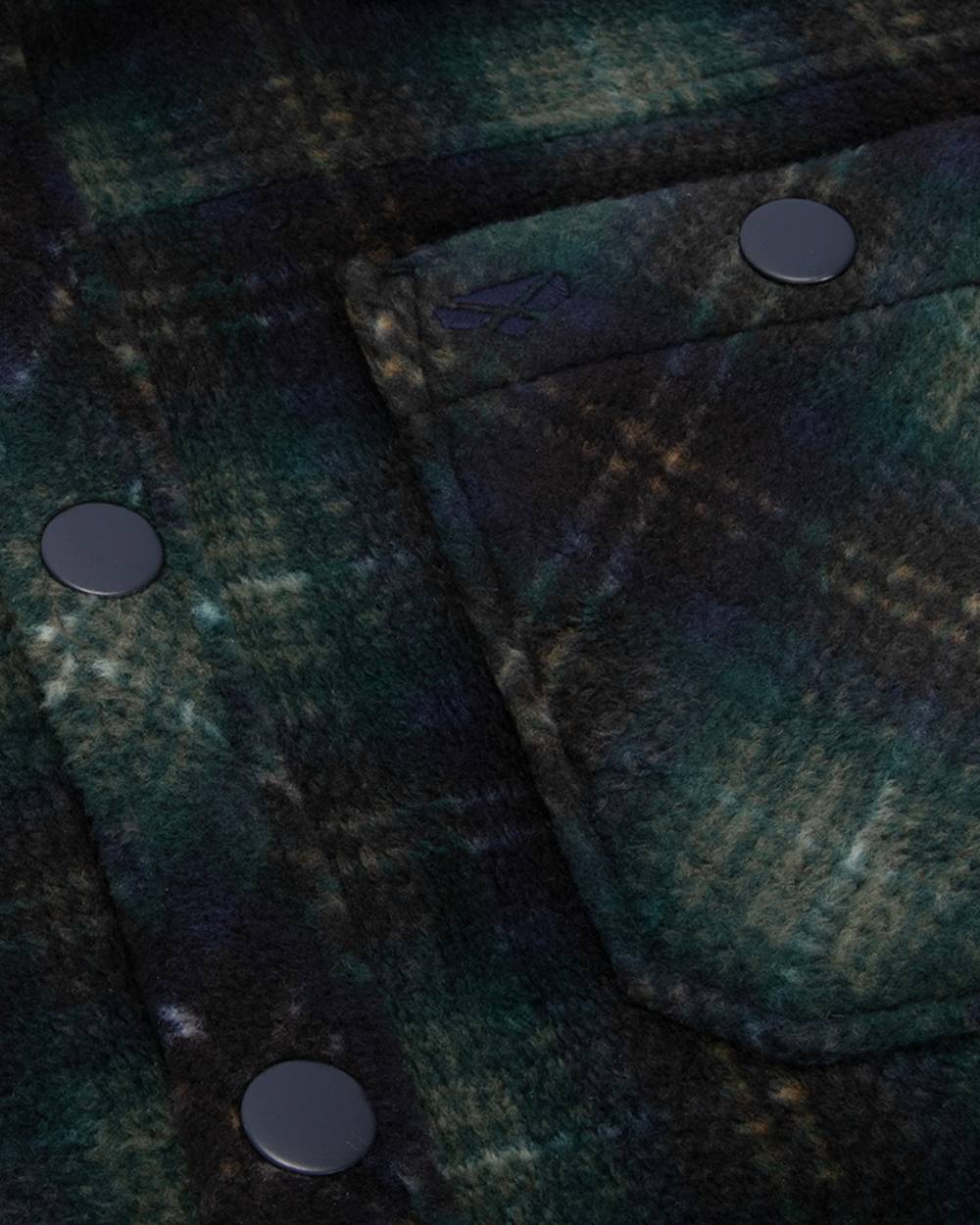 Navy Green Gold coloured Hoggs of Fife Broxburn Fleece Shacket on white background #colour_navy-green-gold