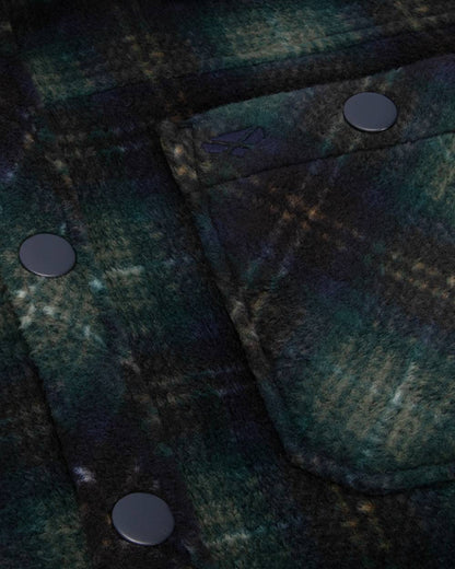 Navy Green Gold coloured Hoggs of Fife Broxburn Fleece Shacket on white background #colour_navy-green-gold