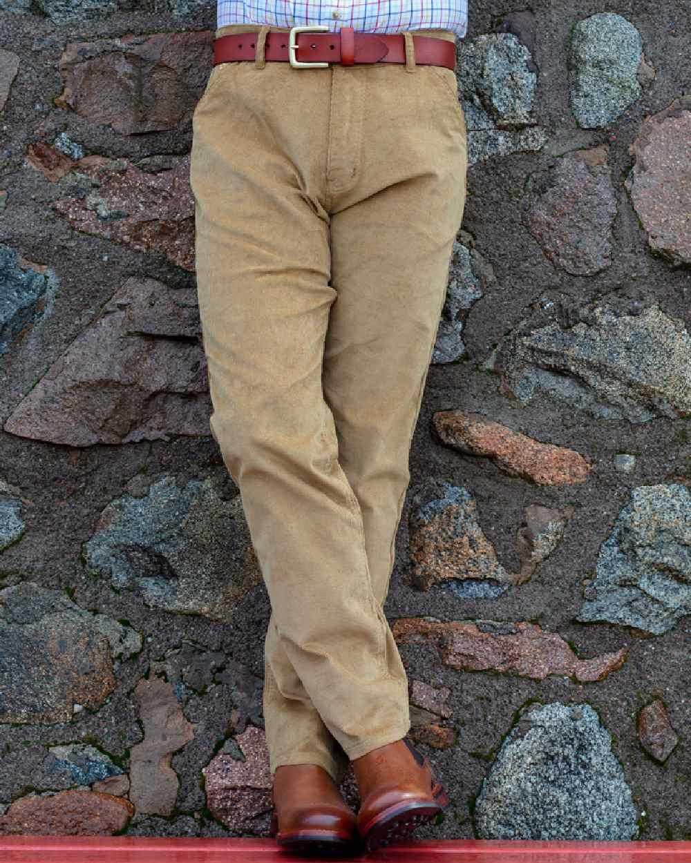 Harvest Coloured Hoggs of Fife Cairnie Comfort Stretch Cord Trousers on wall background #colour_harvest