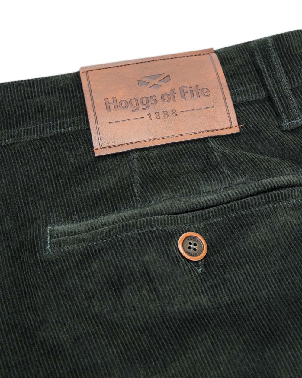 Racing Green Coloured Hoggs of Fife Cairnie Comfort Stretch Cord Trousers on white background #colour_racing-green