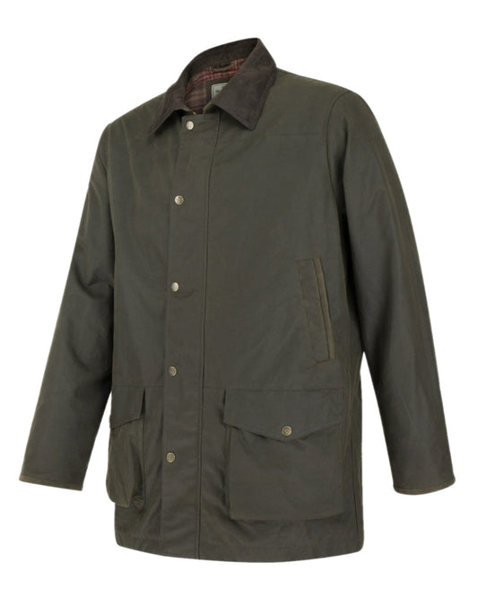 Olive Coloured Hoggs of Fife Caledonia Waxed Jacket on white background #colour_olive