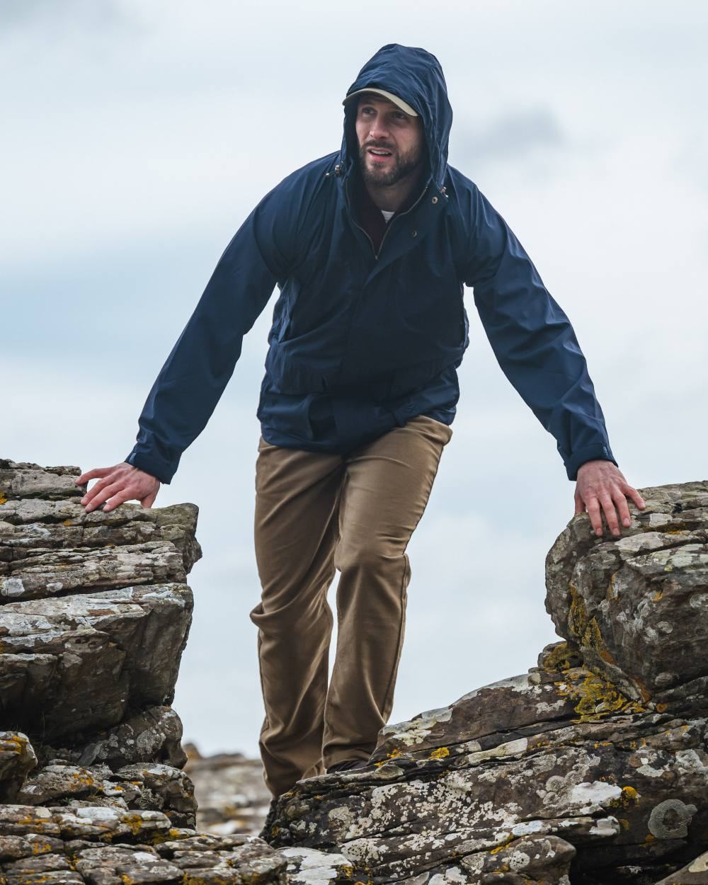 Dried Moss Coloured Hoggs of Fife Carrick Technical Stretch Moleskin Jeans on sky background #colour_dried-moss