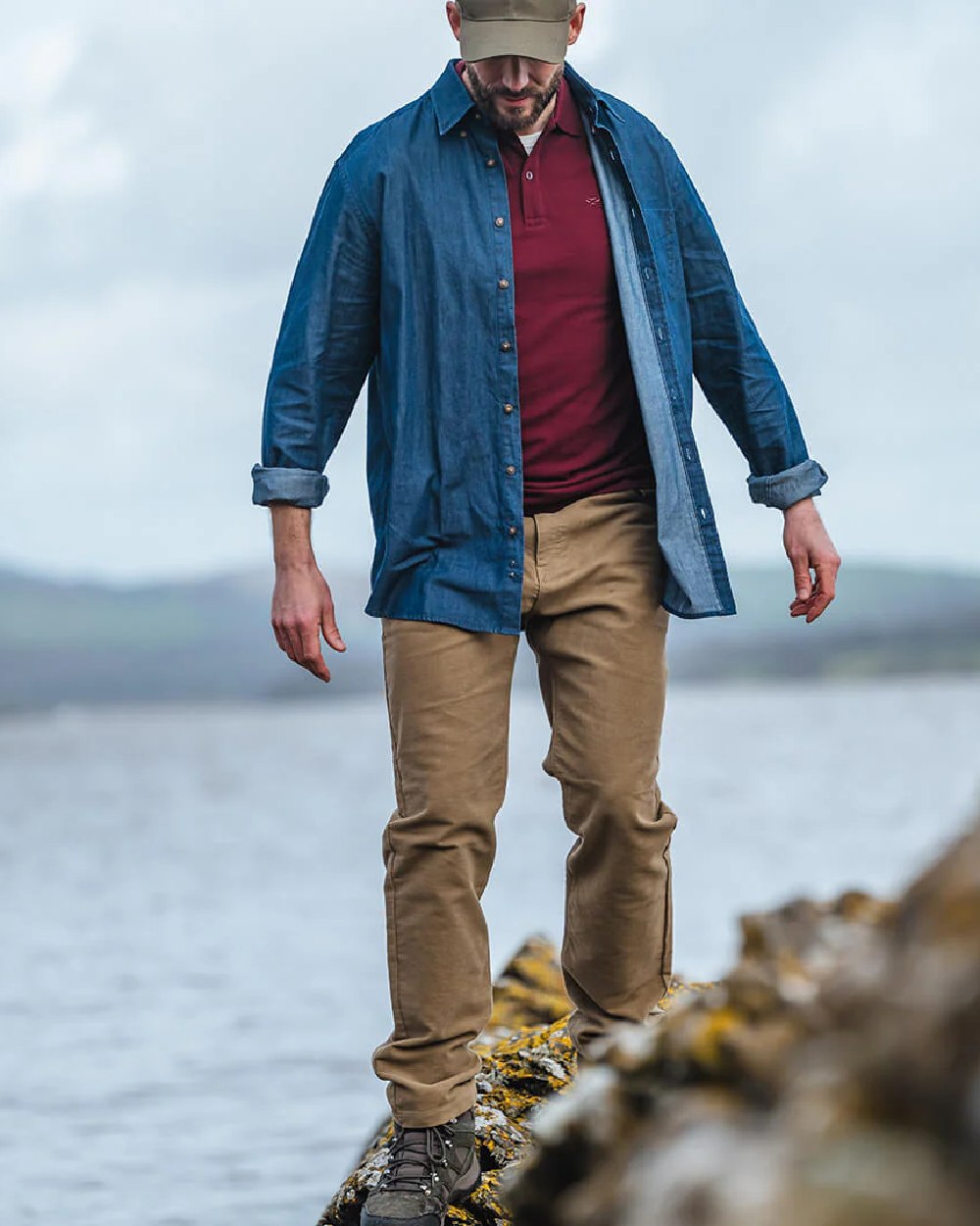 Dried Moss Coloured Hoggs of Fife Carrick Technical Stretch Moleskin Jeans on sky background #colour_dried-moss