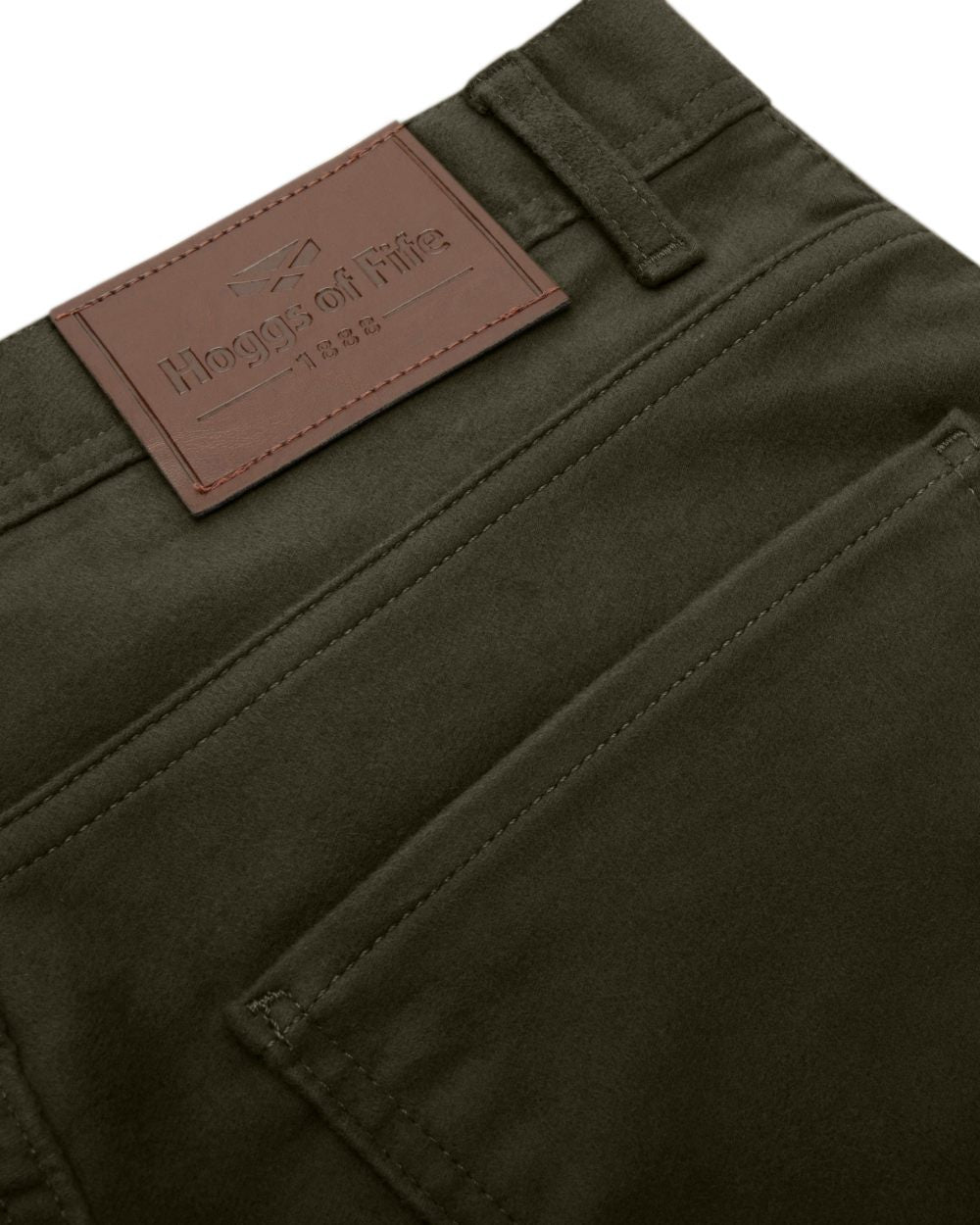 Olive Coloured Hoggs of Fife Carrick Technical Stretch Moleskin Jeans on white background #colour_olive