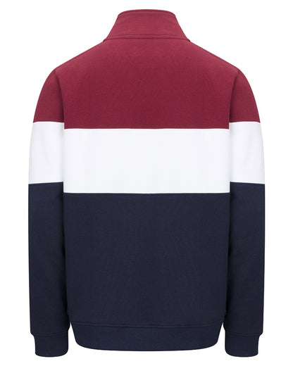 Burgundy White Navy Coloured Hoggs of Fife Dumfries 1888 Mens Quarter Zip Sweatshirt on white background #colour_burgundy-white-navy