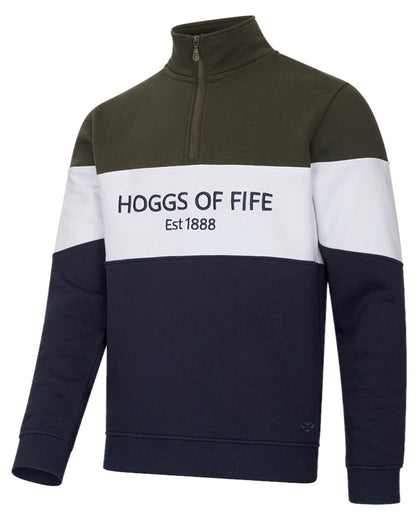 Forest White Navy Coloured Hoggs of Fife Dumfries 1888 Mens Quarter Zip Sweatshirt on white background #colour_forest-white-navy