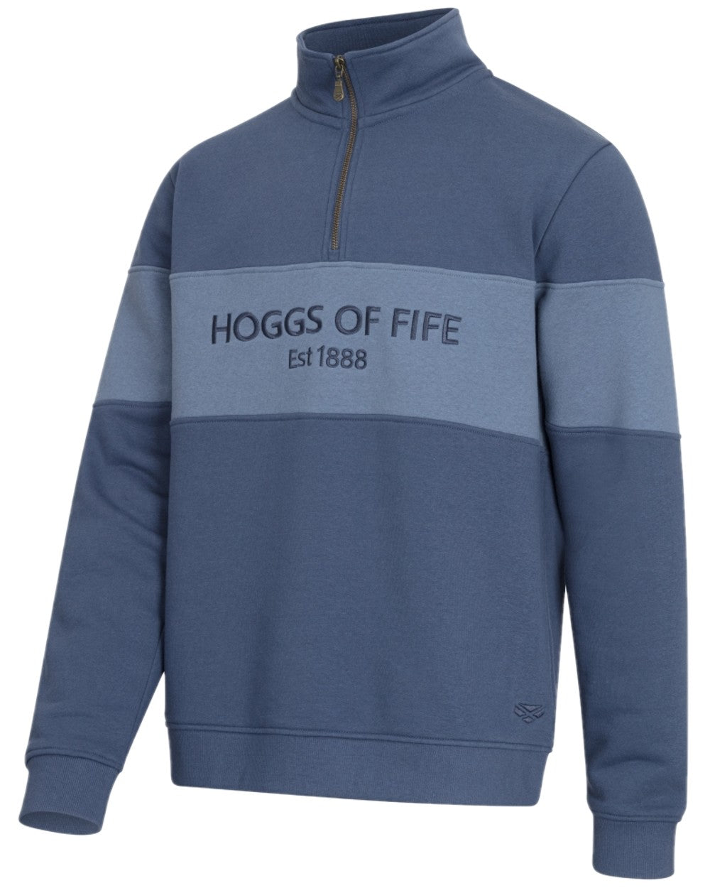 Sea Blue Vintage Blue Coloured Hoggs of Fife Dumfries 1888 Mens Quarter Zip Sweatshirt on white background #colour_sea-blue-vintage-blue