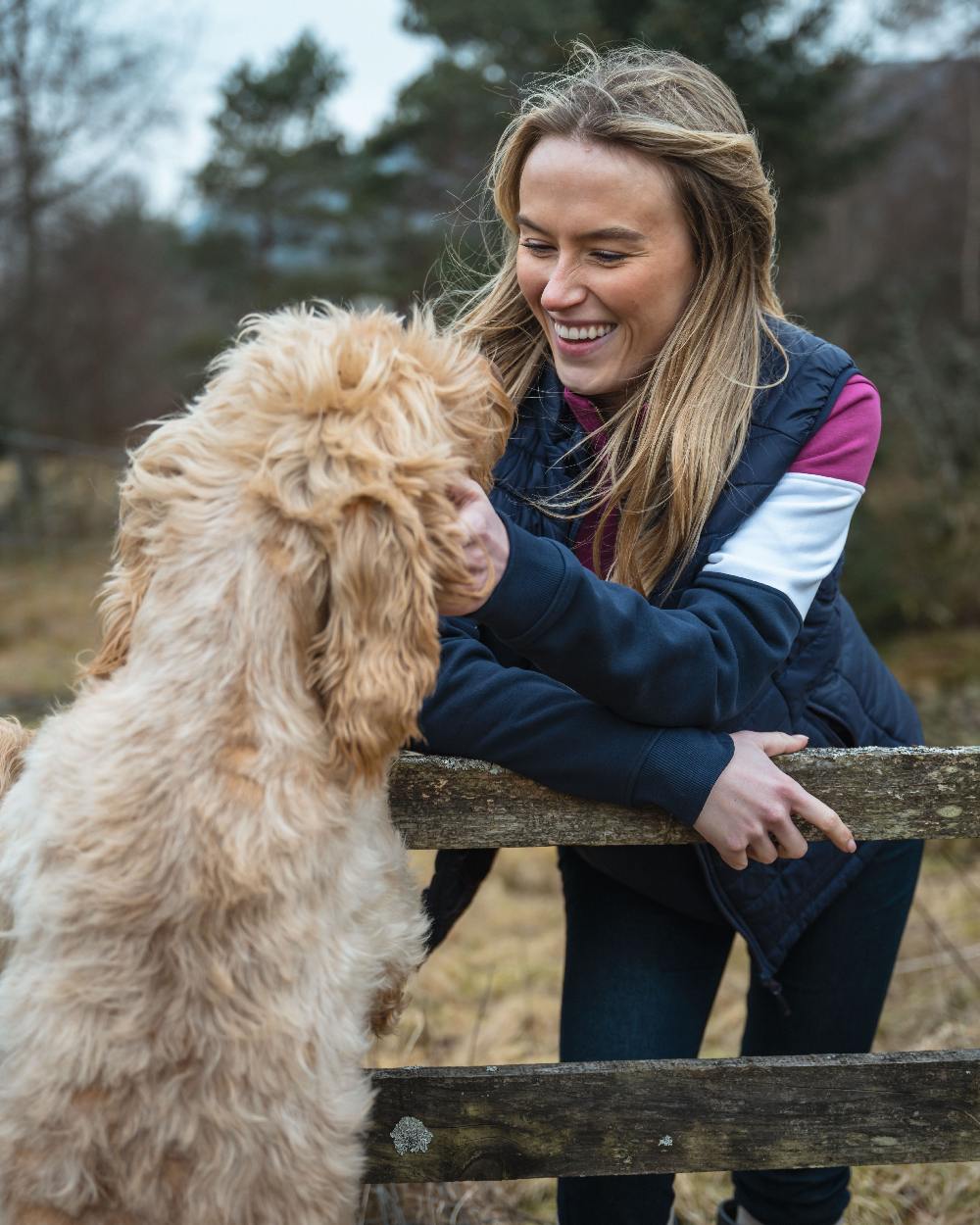 Berry White Navy Coloured Hoggs of Fife Dumfries 1888 Womens Quarter Zip Sweatshirt on countryside background #colour_berry-white-navy