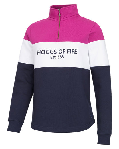 Berry White Navy Coloured Hoggs of Fife Dumfries 1888 Womens Quarter Zip Sweatshirt on white background #colour_berry-white-navy