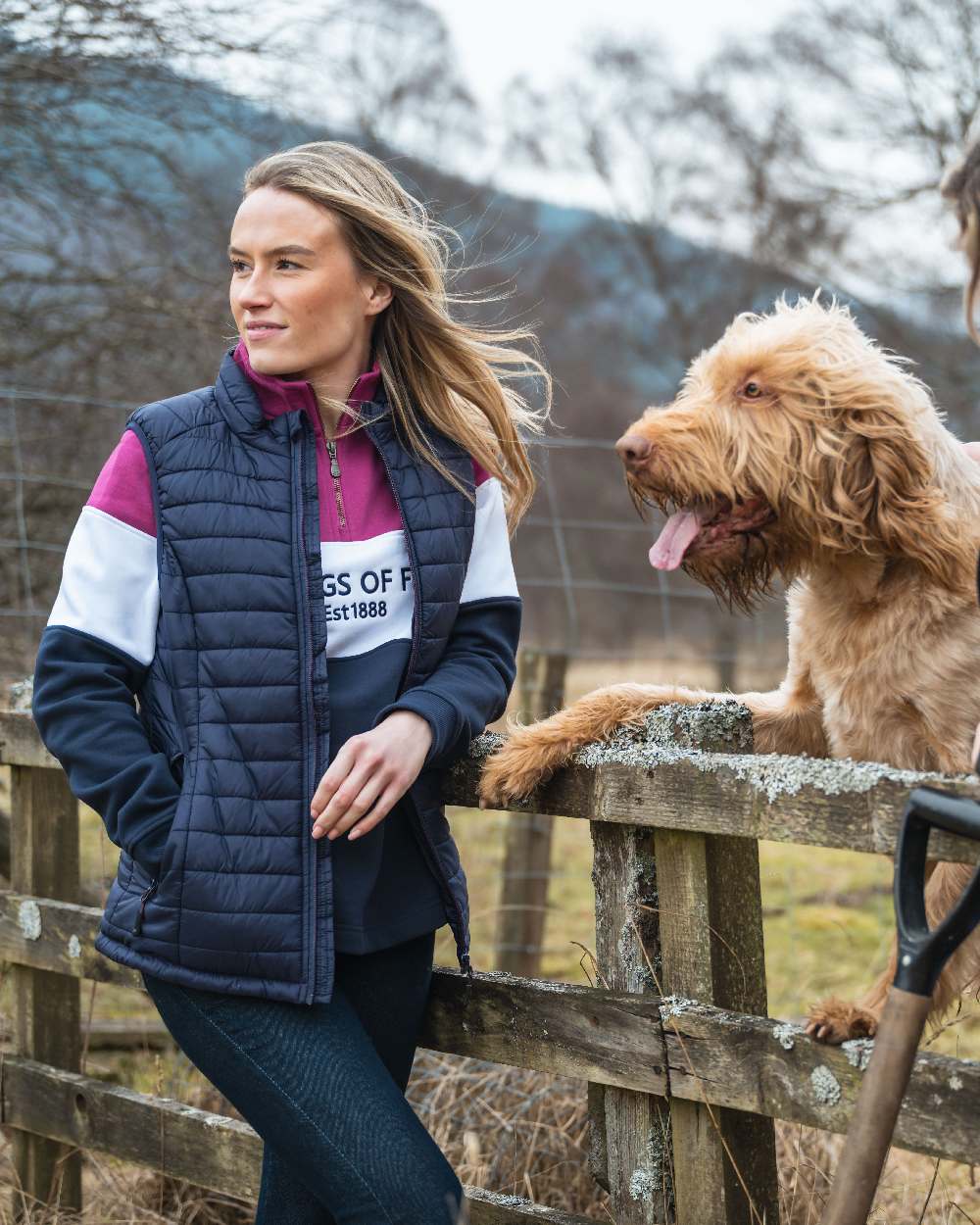 Berry White Navy Coloured Hoggs of Fife Dumfries 1888 Womens Quarter Zip Sweatshirt on countryside background #colour_berry-white-navy