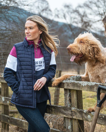 Berry White Navy Coloured Hoggs of Fife Dumfries 1888 Womens Quarter Zip Sweatshirt on countryside background #colour_berry-white-navy