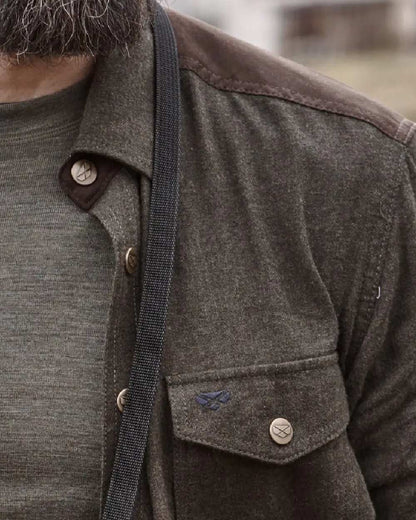 Loden Marl Coloured Hoggs of Fife Dunvegan Flannel Shirt on blurry background #colour_loden-marl
