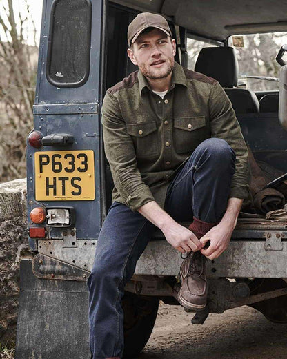 Loden Marl Coloured Hoggs of Fife Dunvegan Flannel Shirt on car background #colour_loden-marl