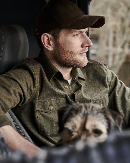 Loden Marl Coloured Hoggs of Fife Dunvegan Flannel Shirt on car background #colour_loden-marl