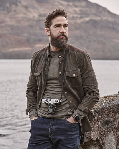 Loden Marl Coloured Hoggs of Fife Dunvegan Flannel Shirt on mountain background #colour_loden-marl