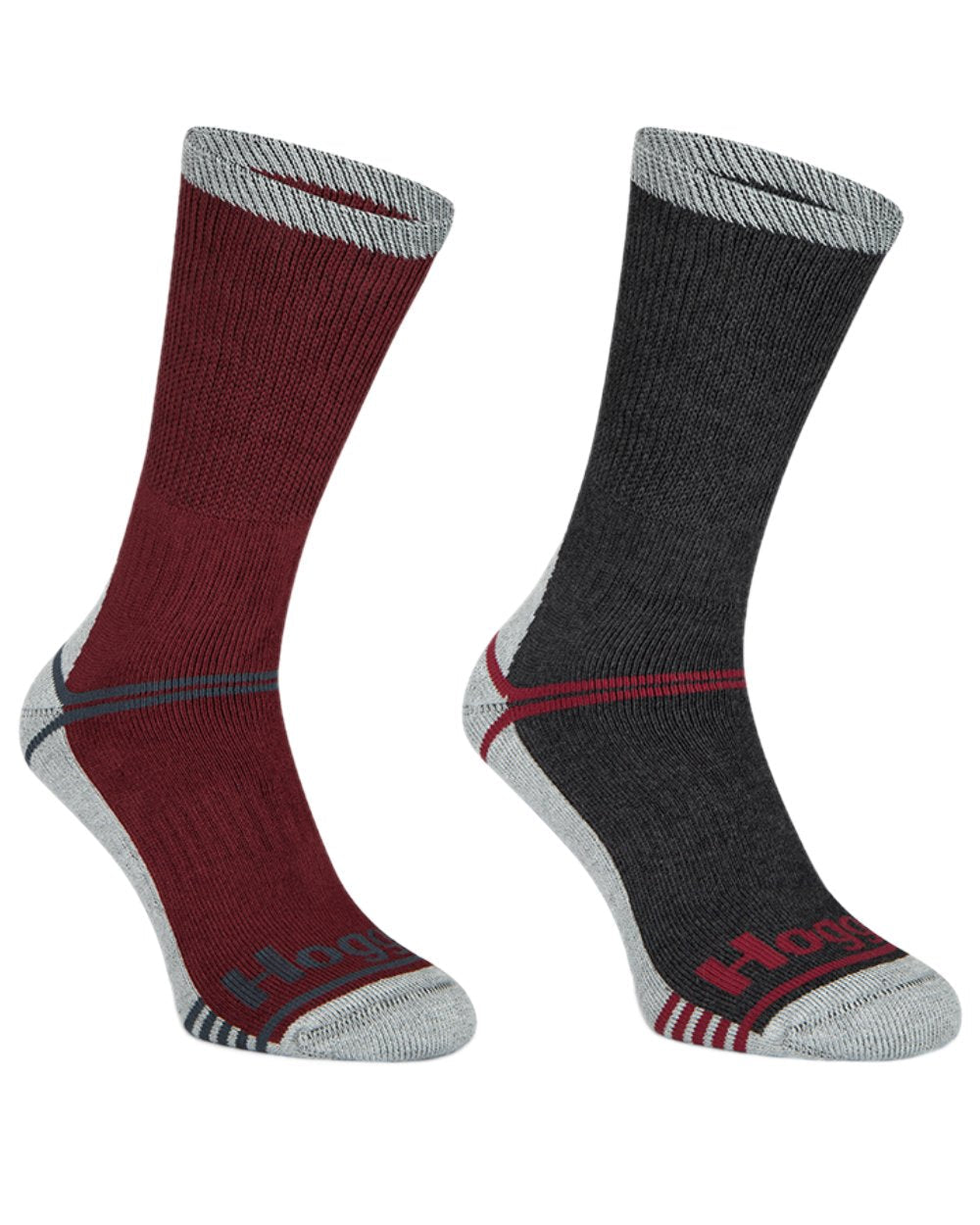 Burgundy Grey Coloured Hoggs of Fife Field and Outdoor Coolmax Socks Twin Pack on white background #colour_burgundy-grey