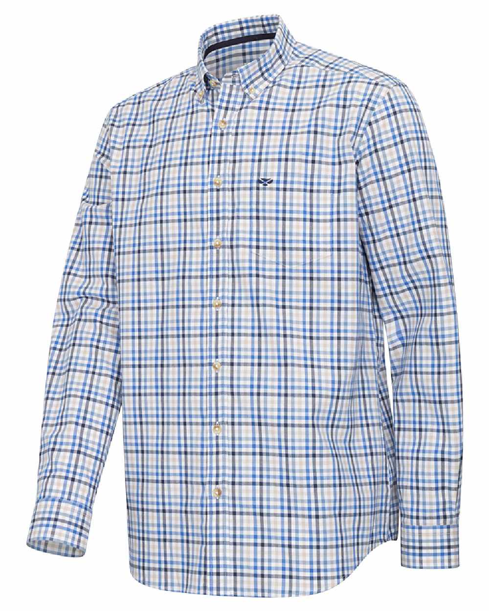 Blue Gold Check Coloured Hoggs of Fife Garvock Cotton Twill Herringbone Check Shirt on white background #colour_blue-gold-check