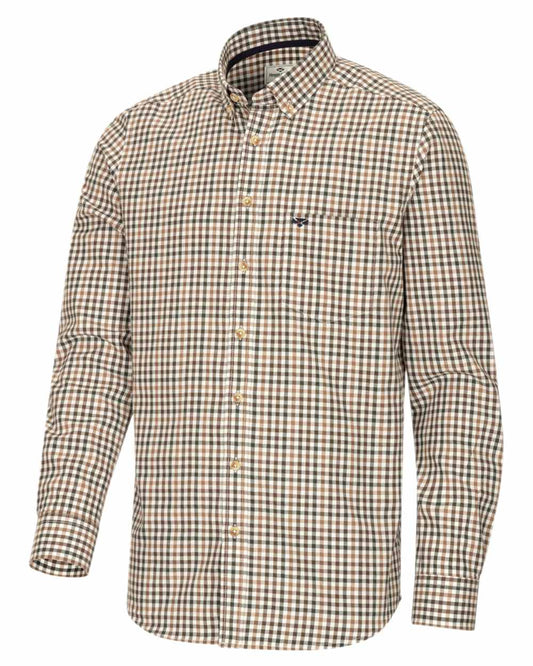 Brown Green Coloured Hoggs of Fife Garvock Cotton Twill Herringbone Check Shirt on white background #colour_brown-green