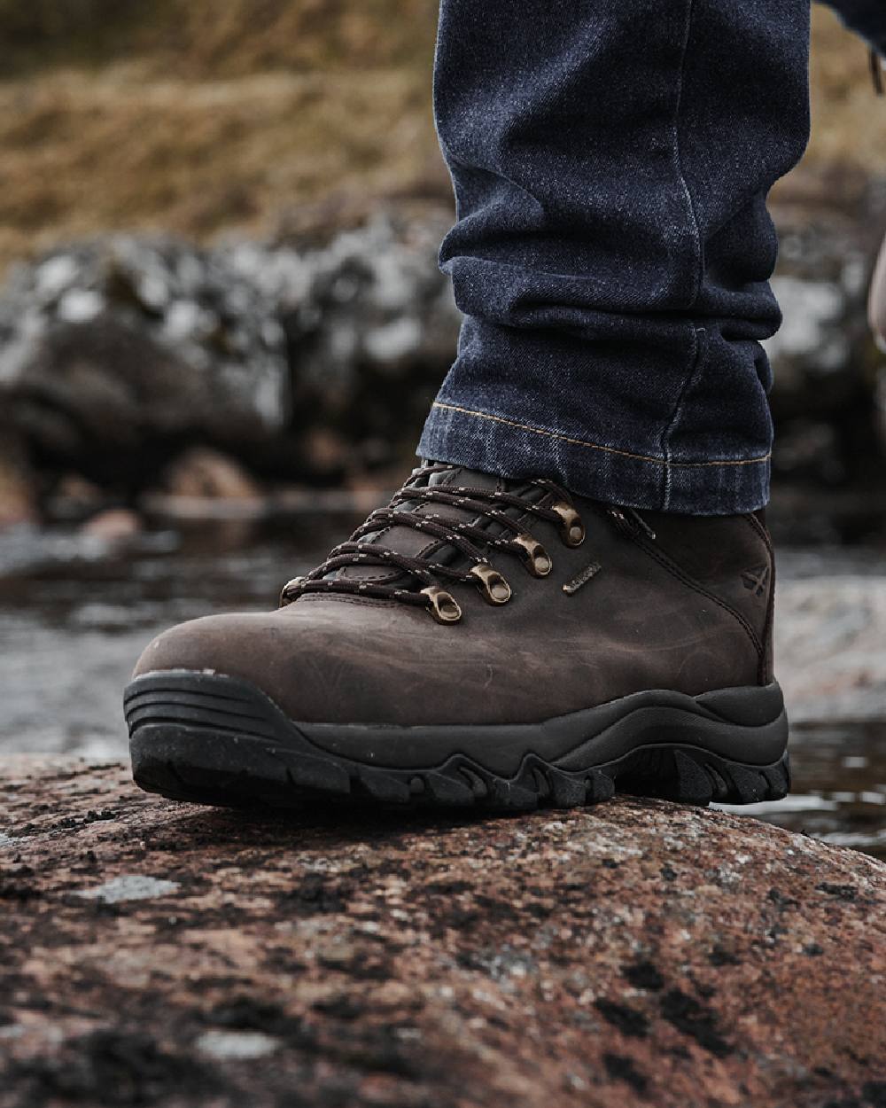 Brown Coloured Hoggs of Fife Glencoe Waxy Leather Trek Boot on river white background #colour_brown