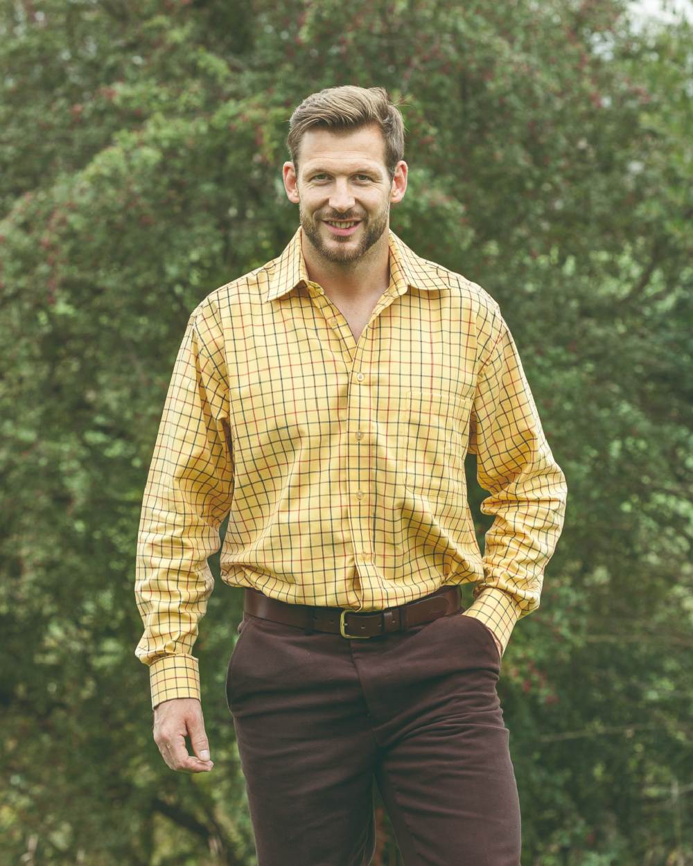 Gold Tattersall Coloured Hoggs of Fife Governor Tattersall Shirt on tree background #colour_gold-tattersall