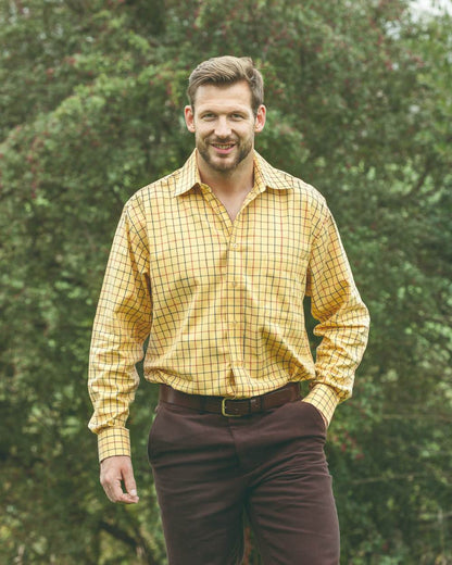 Gold Tattersall Coloured Hoggs of Fife Governor Tattersall Shirt on tree background #colour_gold-tattersall