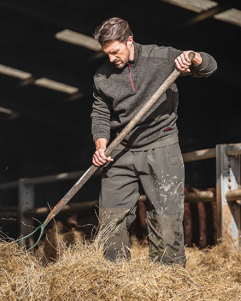 Green Coloured Hoggs of Fife Green King II Quarter Zip Knit Fleece on barn background #colour_green