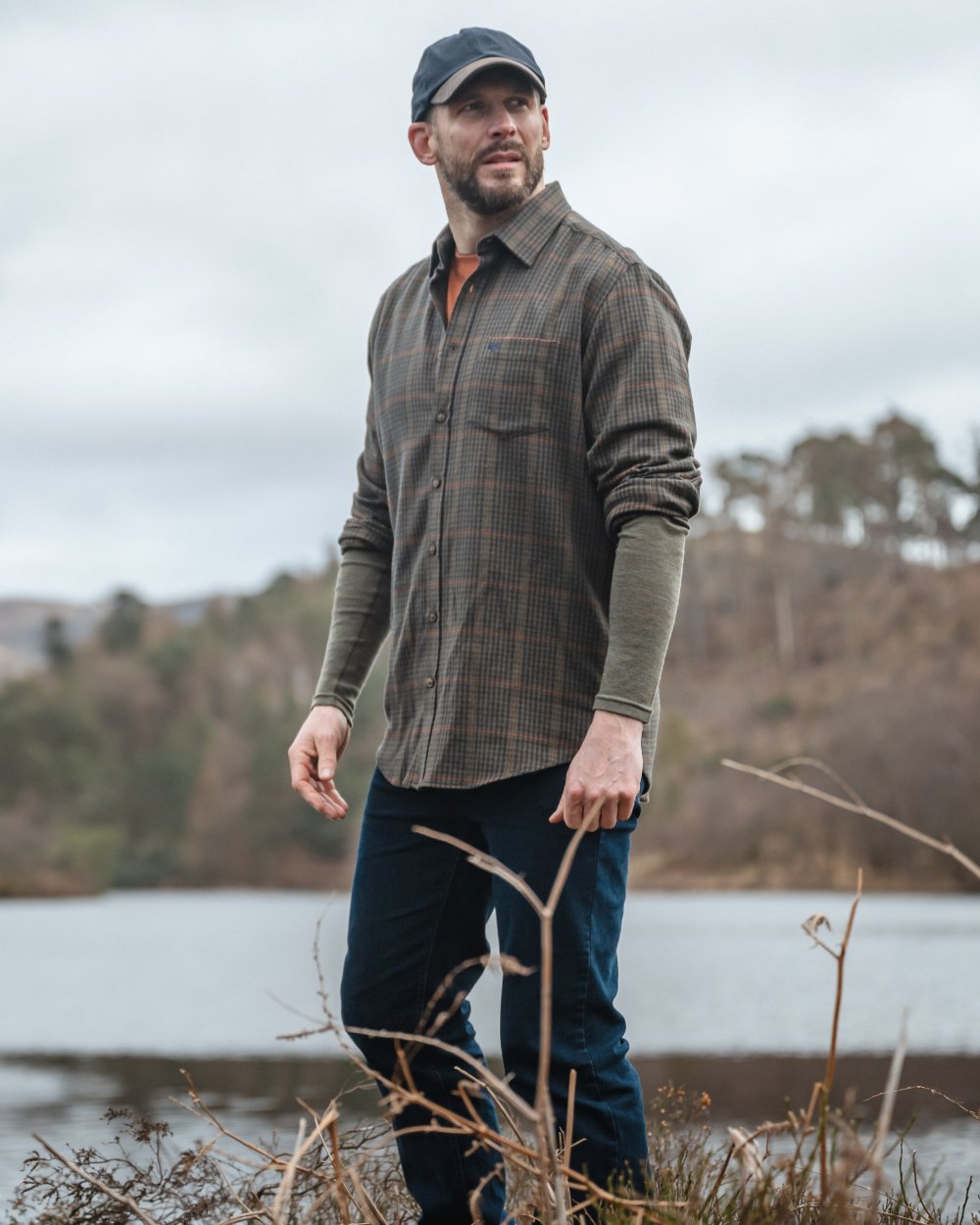 Green Coloured Hoggs of Fife Harris Cotton Twill Check Shirt on mountain background #colour_green