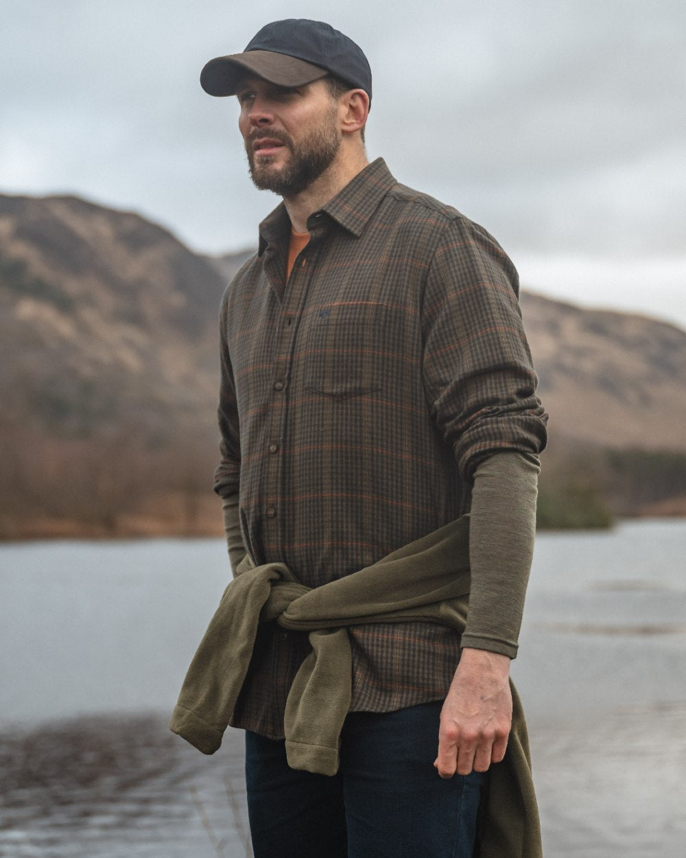 Green Coloured Hoggs of Fife Harris Cotton Twill Check Shirt on mountain background #colour_green