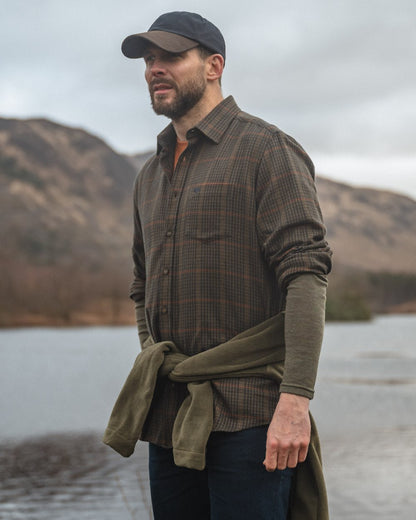 Green Coloured Hoggs of Fife Harris Cotton Twill Check Shirt on mountain background #colour_green