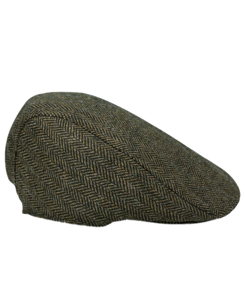Green Coloured Hoggs of Fife Herringbone Waterproof Tweed Flat Cap on white background #colour_green