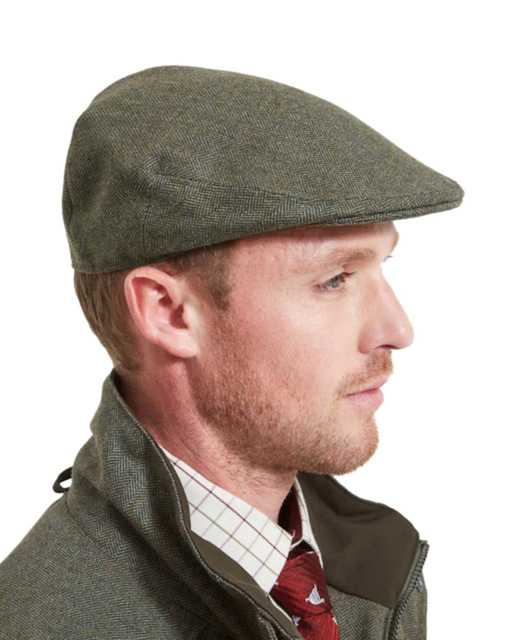 Green Coloured Hoggs of Fife Herringbone Waterproof Tweed Flat Cap on white background #colour_green