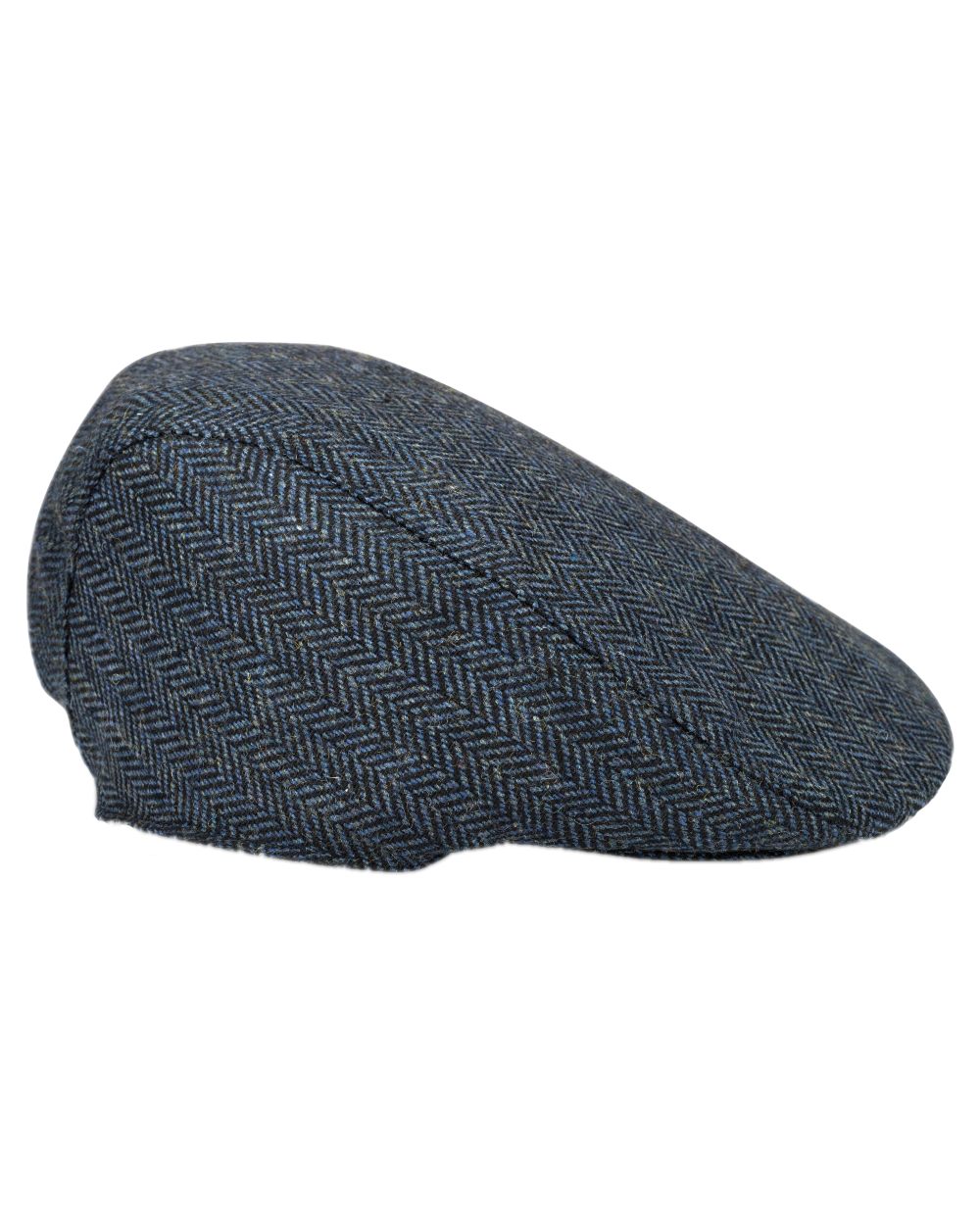 Navy Coloured Hoggs of Fife Herringbone Waterproof Tweed Flat Cap on white background #colour_navy