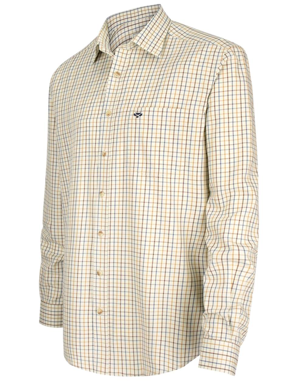 Brown Gold Navy Coloured Hoggs of Fife Inverness Pure Cotton Tattersall Shirt on white background #colour_brown-gold-navy