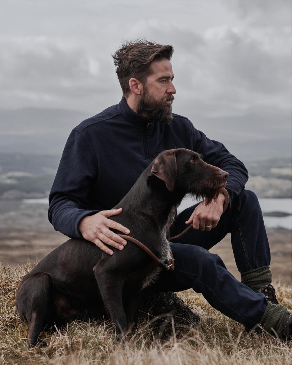 Navy coloured Hoggs of Fife Islander 1/4 Zip Micro Fleece Shirt on sky background #colour_navy