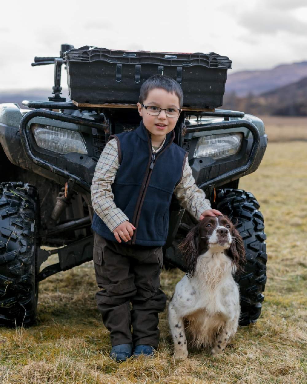 Ivory Tattersall Coloured Hoggs of Fife Junior Ambassador Tattersall Shirt on tractor background #colour_ivory-tattersall