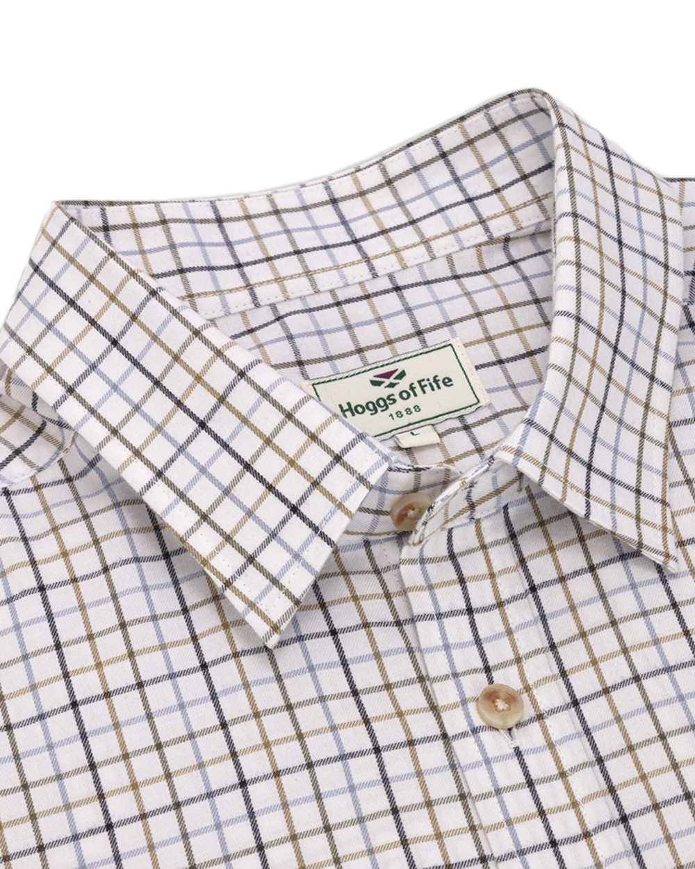 Blue Olive Coloured Hoggs of Fife Kessock Tattersall Short Sleeved Shirt on white background #colour_blue-olive