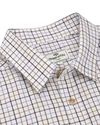 Blue Olive Coloured Hoggs of Fife Kessock Tattersall Short Sleeved Shirt on white background #colour_blue-olive