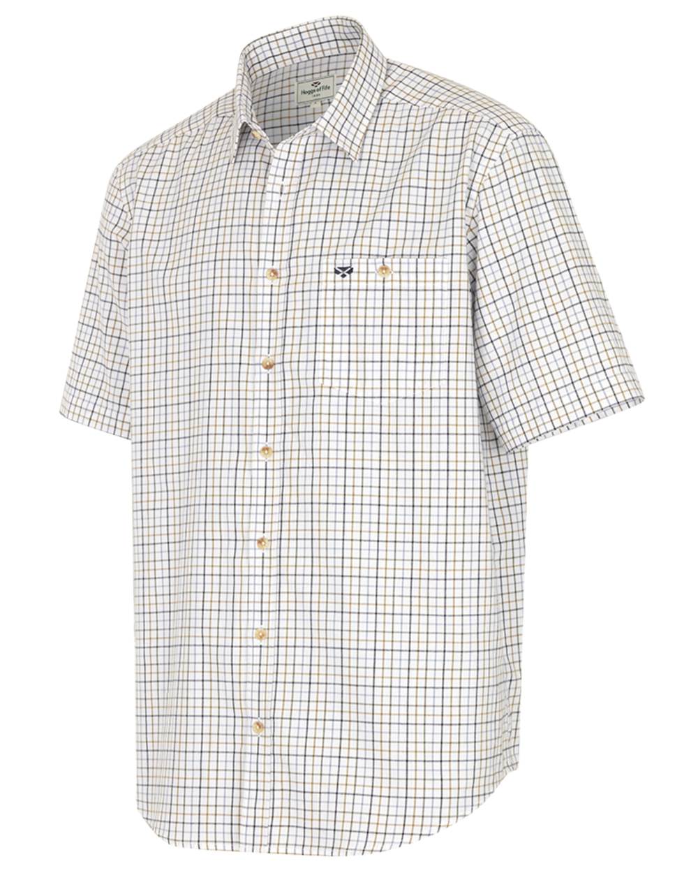 Blue Olive Coloured Hoggs of Fife Kessock Tattersall Short Sleeved Shirt on white background #colour_blue-olive