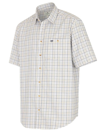 Blue Olive Coloured Hoggs of Fife Kessock Tattersall Short Sleeved Shirt on white background #colour_blue-olive