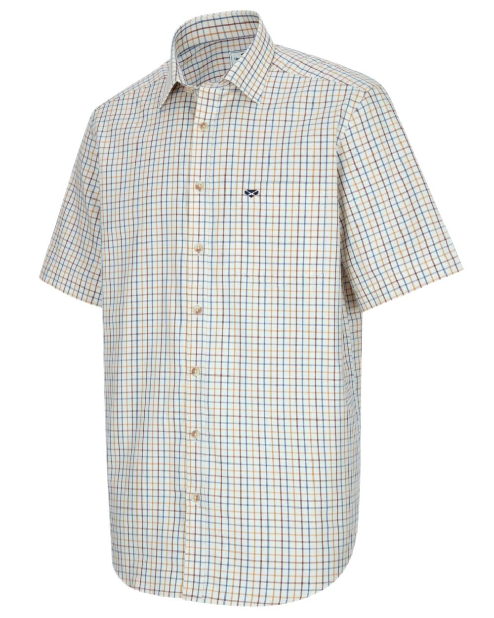 Brown Blue Coloured Hoggs of Fife Kessock Tattersall Short Sleeved Shirt on white background #colour_brown-blue